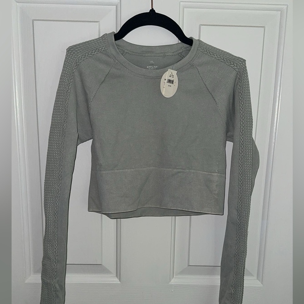 Aerie OFFLINE cropped long sleeve athletic top Mint Green/Gray size: AXS